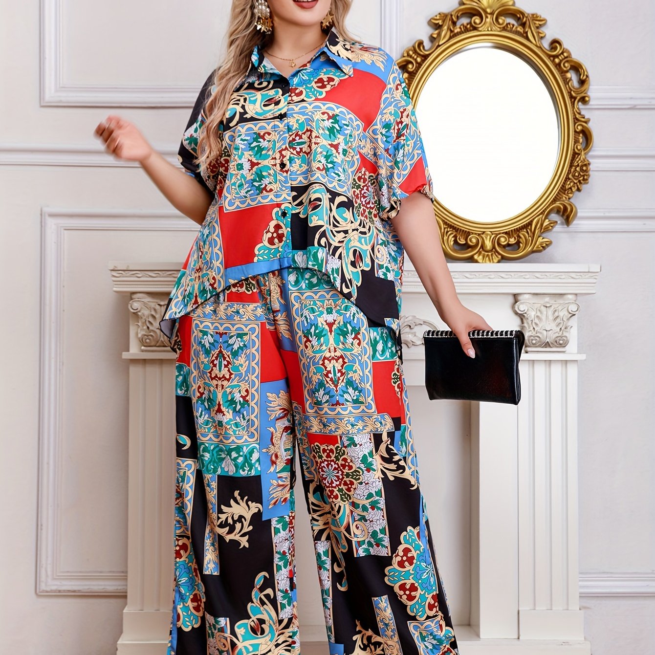 Women's Plus Scarf Print Half Sleeve Shirt & Loose Pants Set