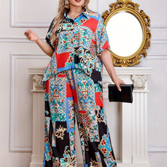 Women's Plus Scarf Print Half Sleeve Shirt & Loose Pants Set