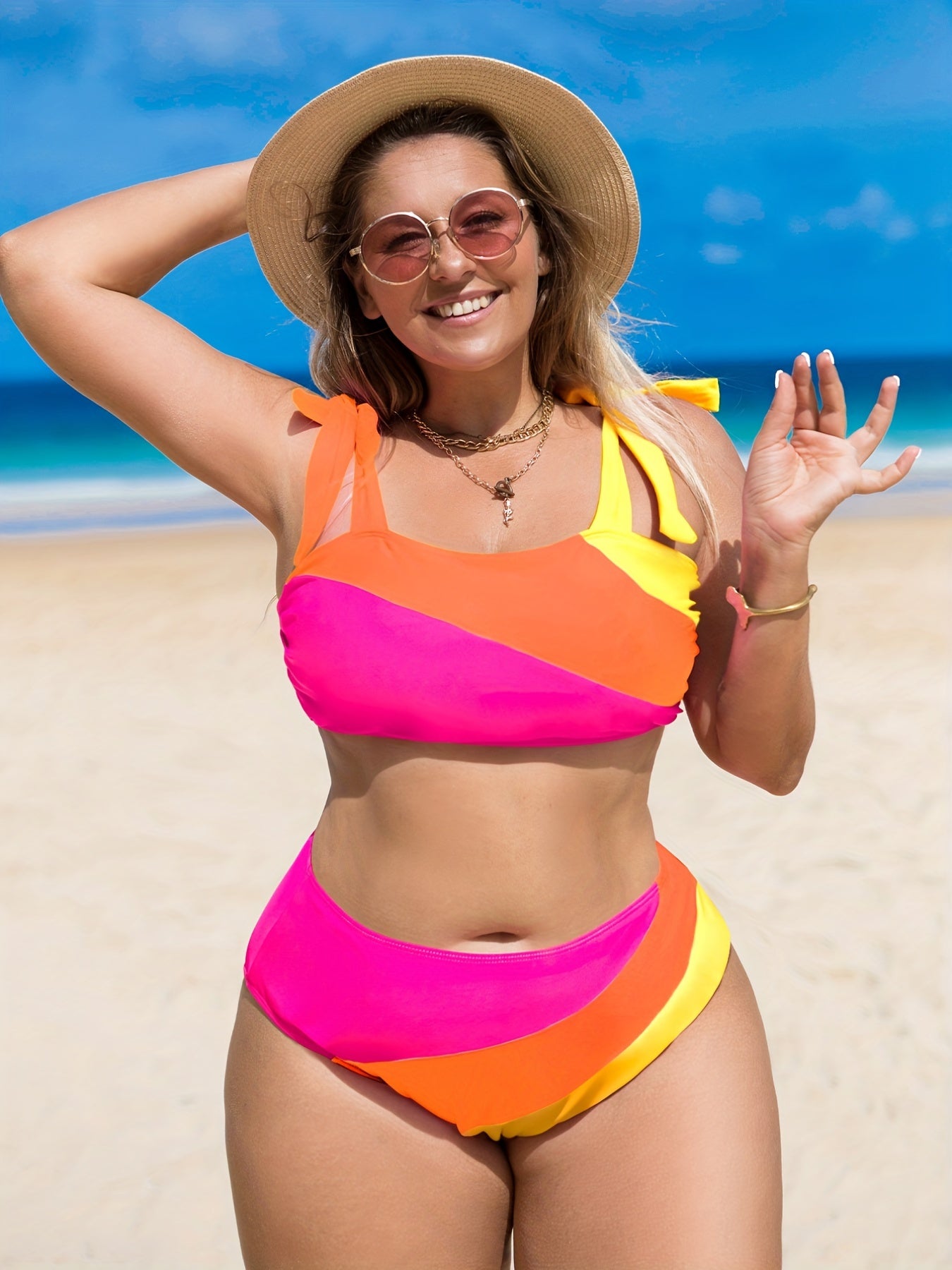 Colorblock Tie Shoulder Top & Underwear Swimsuit Set