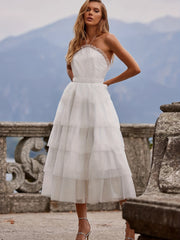 Polka Dot Halter Neck Wedding Dress Sleeveless Backless Tiered Dress