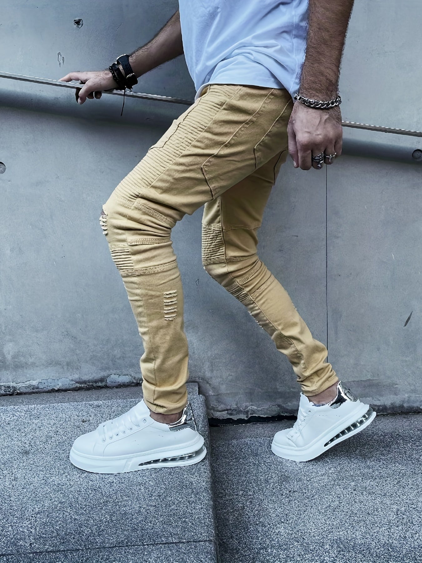 Slim Fit Ripped Jeans Men Casual Street Style High Stretch Denim Pants