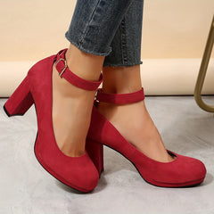 Red Block Heels Buckle Strap Pumps
