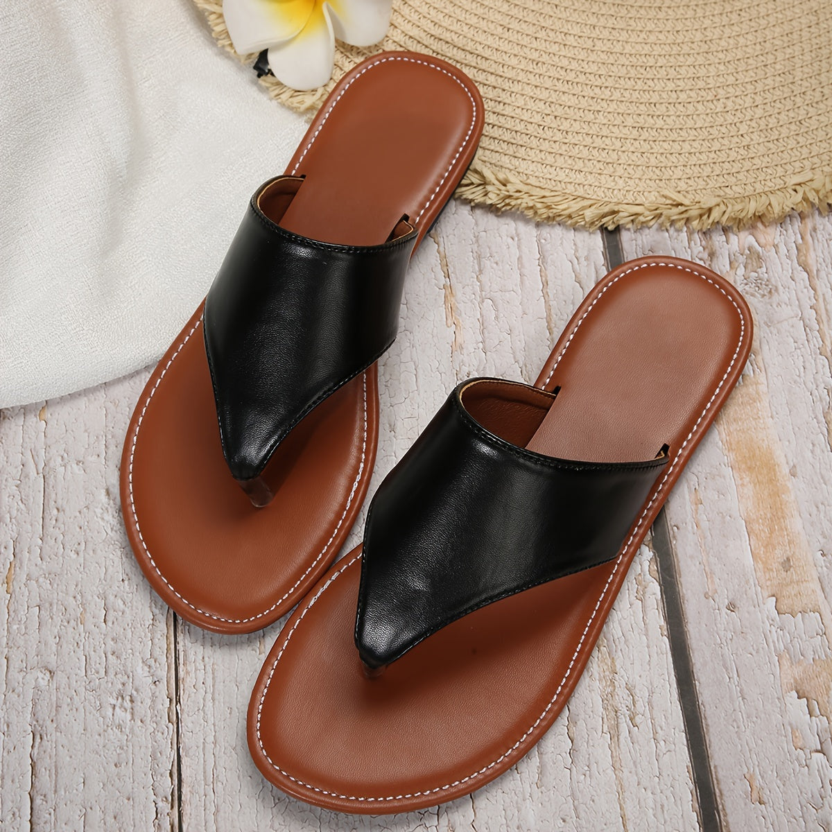 Faux Leather Sports Sandals Flat Casual Flip Flops