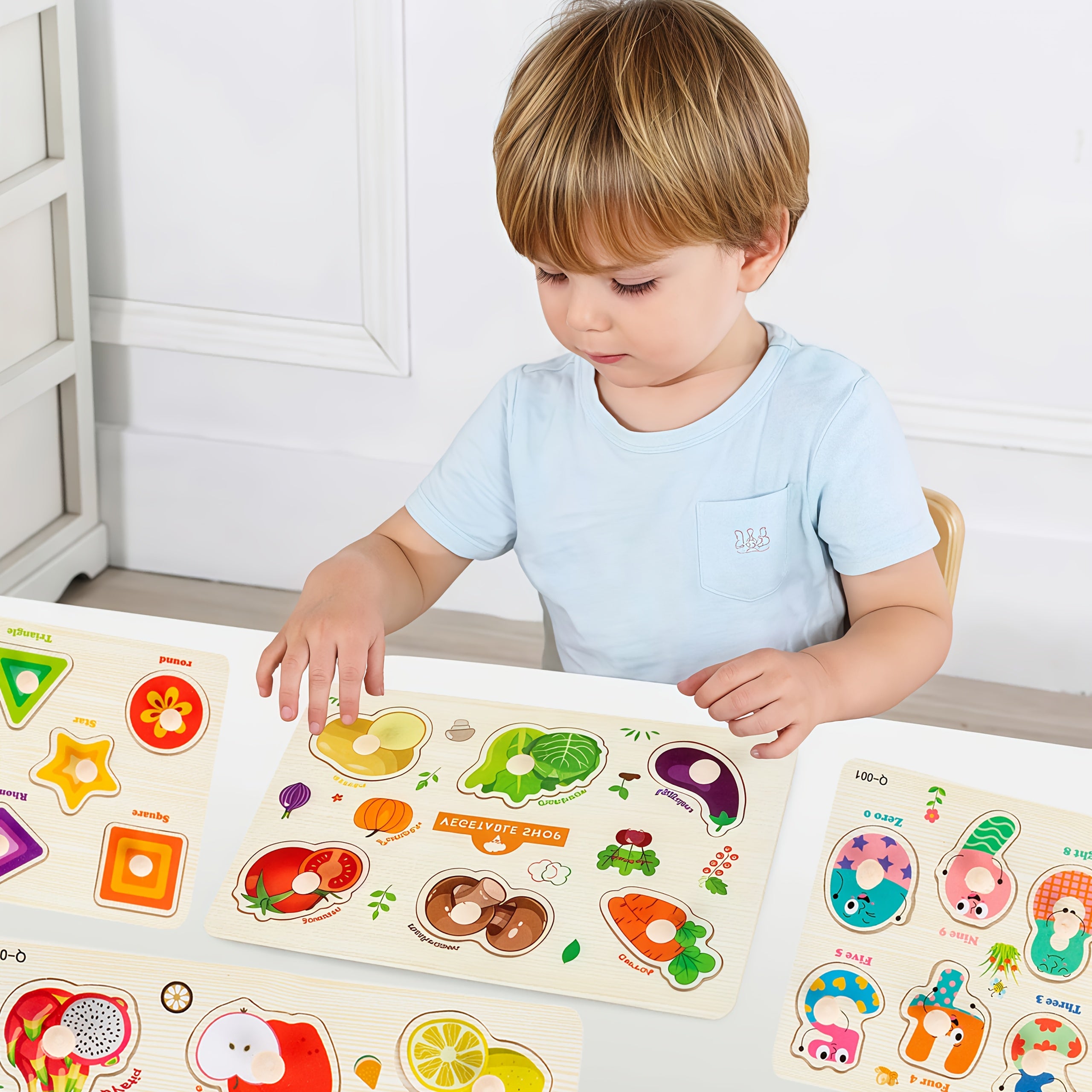 Educational Wooden Puzzle Set 4pcs Learning Toy Alphabet Numbers Animals Fruits