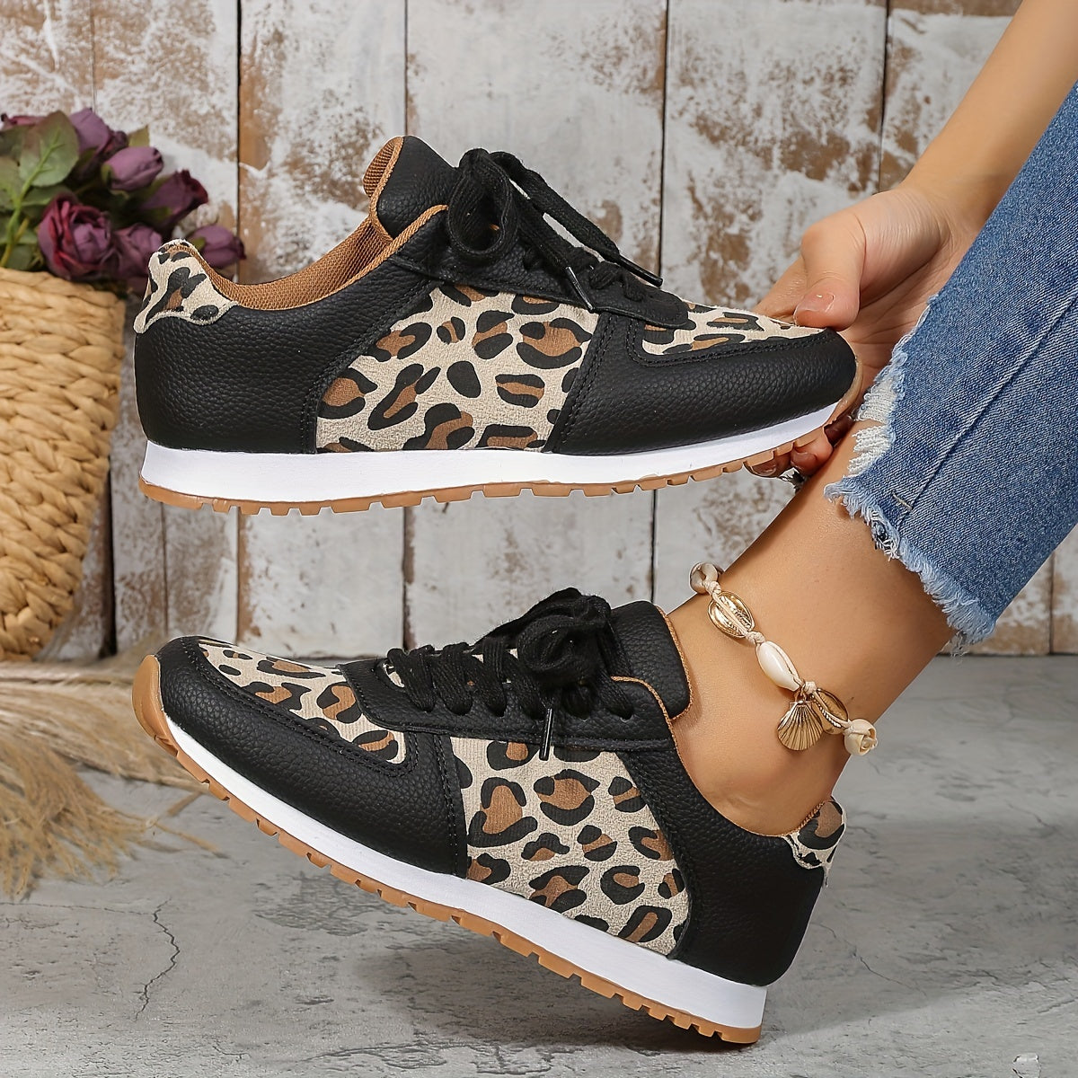 Leopard Print Lace Up Flat Sneakers Women's Non Slip Shoes