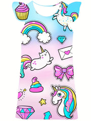 Girl's Rainbow Cat Dress Crew Neck Princess Dress