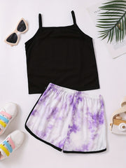 2pc Toddler Girls TROUBLE Cami Top & Tie Dye Shorts Set