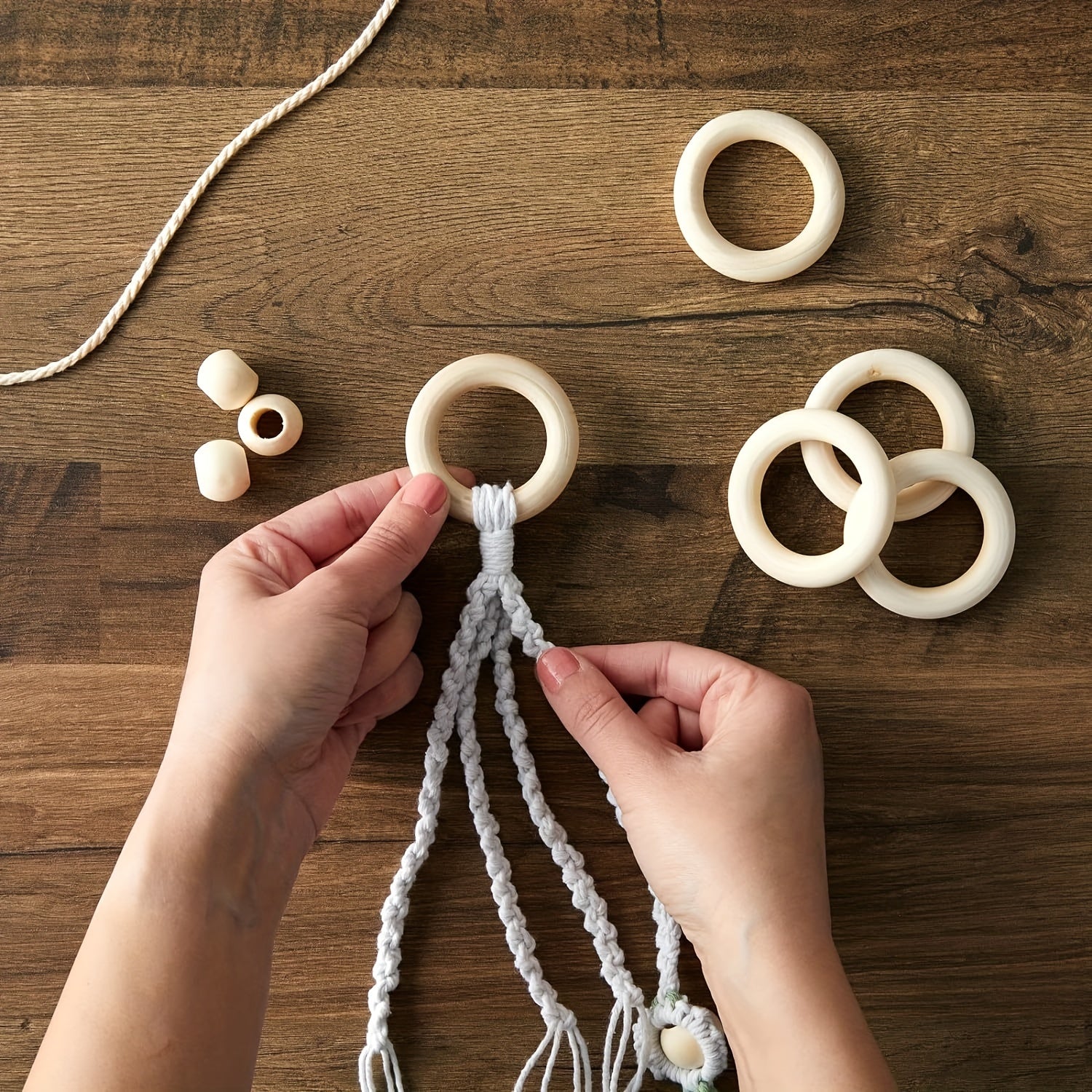 50pcs Wooden Beads & 30pcs Wood Rings for Macrame DIY Pendant Connectors