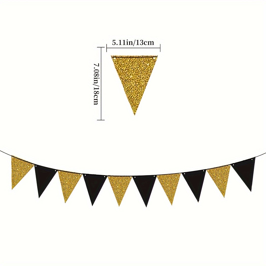 Happy Year Banner Golden Bunting Swirls Pom Poms Party Decor