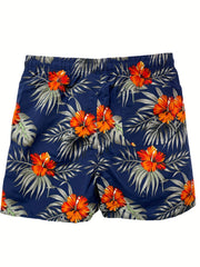 Quick Drying Drawstring Men's Swim Trunks with Inner Mesh, Plants and Cake Print
