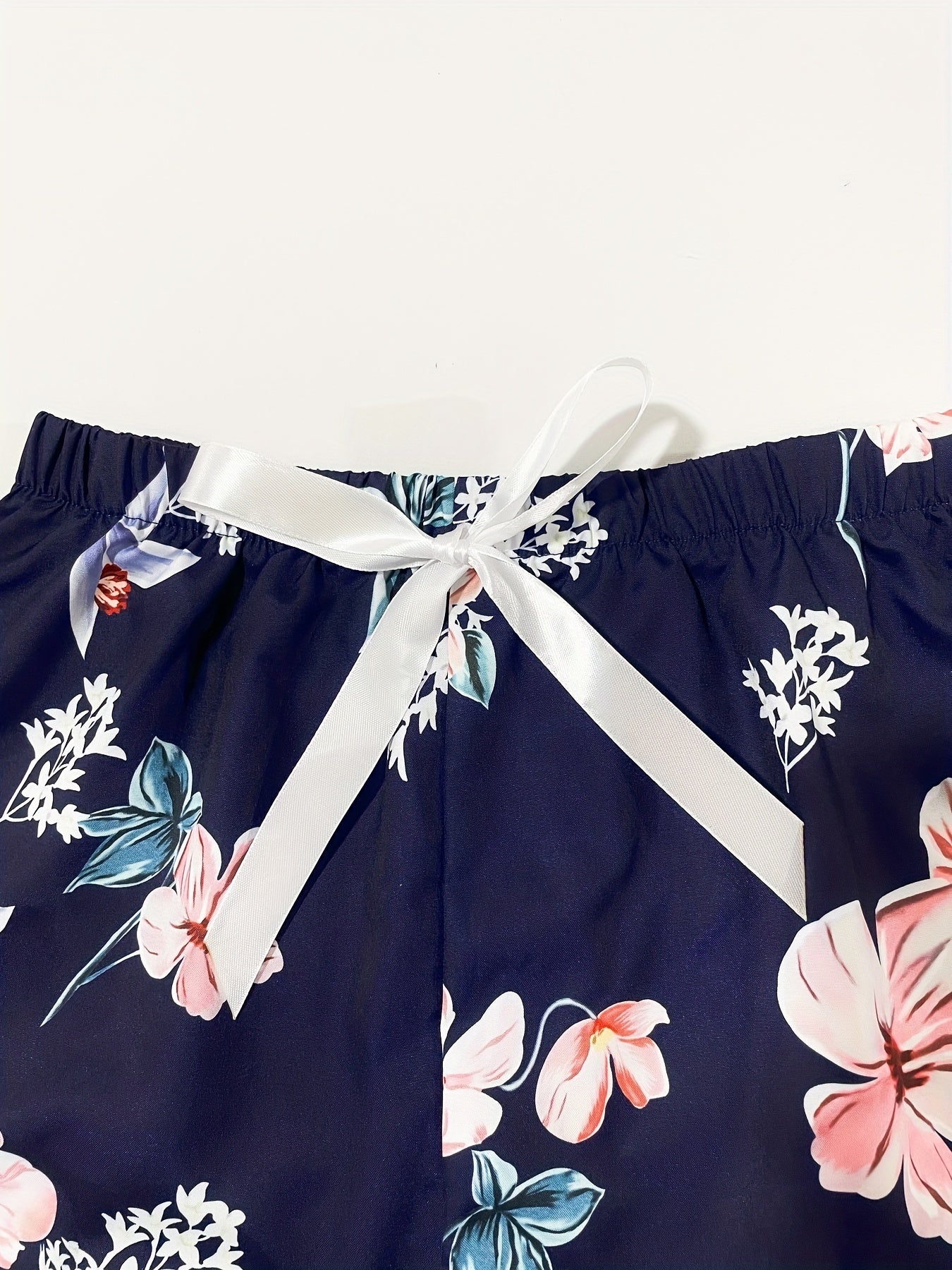 Floral Print Sleep Bottoms Bow Elastic Waistband Shorts Women's Sleepwear