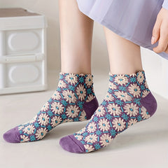 5 Pairs Floral Print Short Socks Retro Style 3D Textured Low Cut Socks