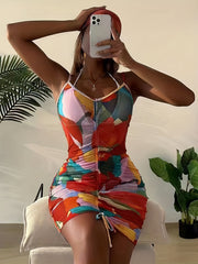 Colorful Drawstring Spaghetti Strap Beach Cover Up Dress