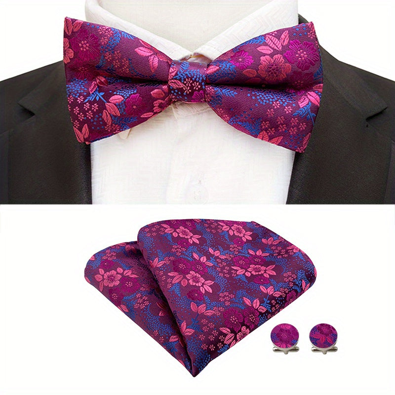 Men's Flowers Pattern Bow Tie & Handkerchief Wedding Set