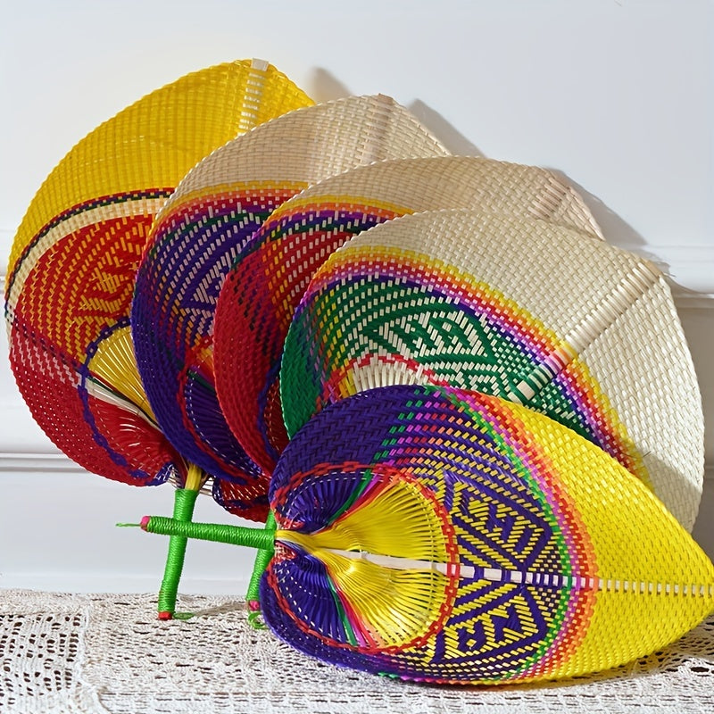 Handwoven Straw Fan Retro Creative Colorful Portable Handheld Fan