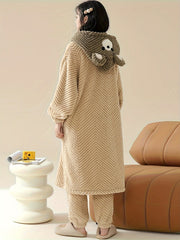 Cartoon Bear Pajama Set Robe & Pants Women's Sleepwear