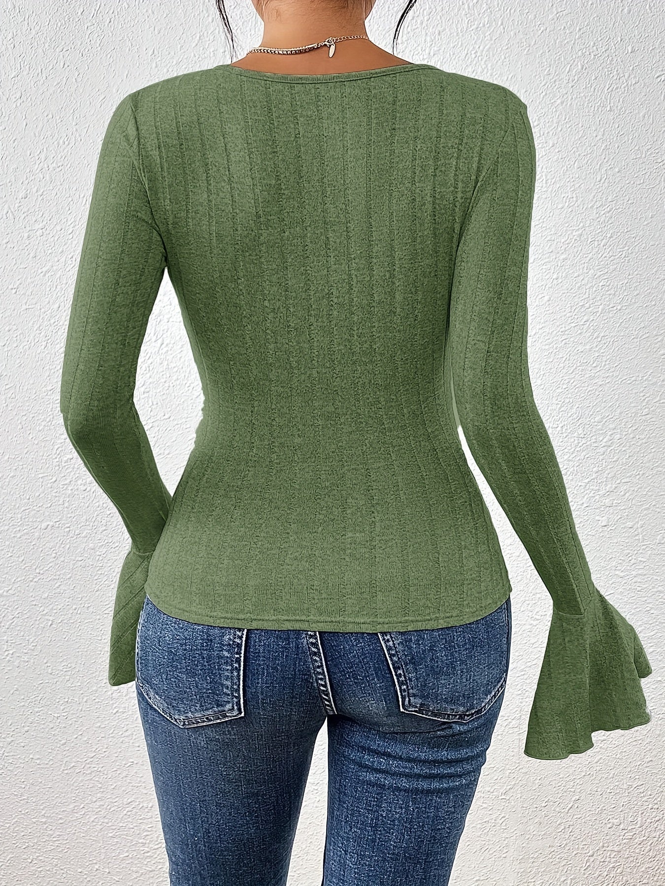 Solid Bell Sleeve Knit Top Square Neck Jumper