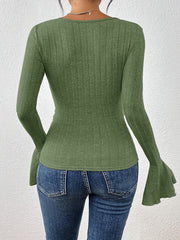 Solid Bell Sleeve Knit Top Square Neck Jumper