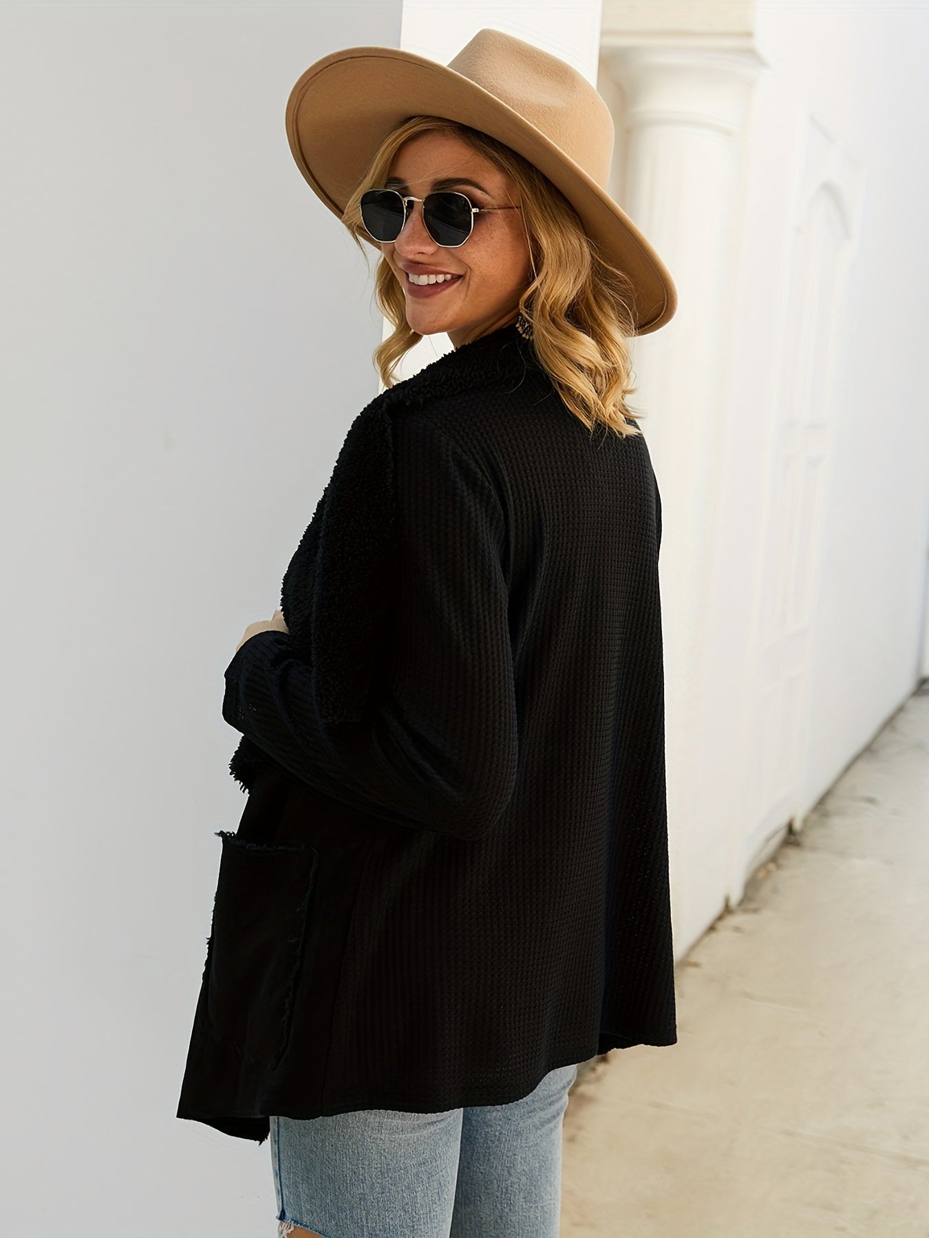 Waterfall Collar Solid Coat Casual Long Sleeve Open Front Outerwear
