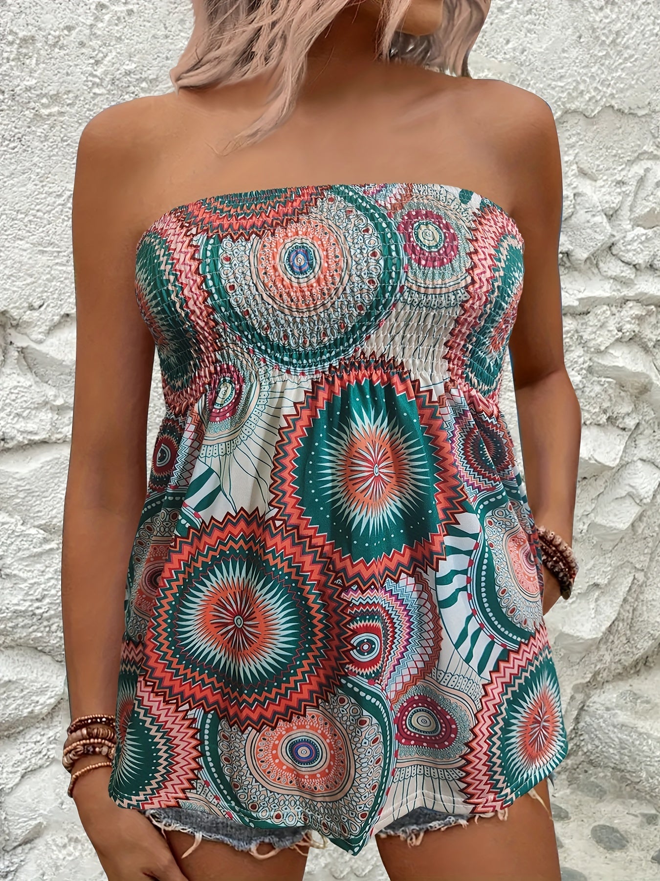 Geometric Print Shirred Tube Top Sleeveless Summer Top