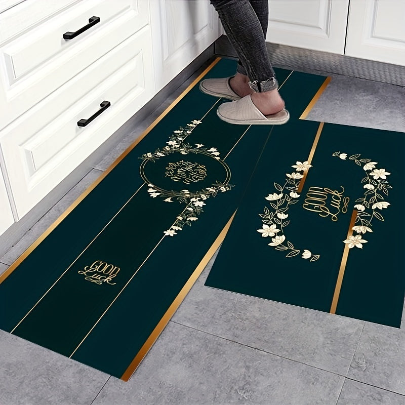 Dark Green Vintage Area Rug Magnolia Pattern Carpet Non Slip Washable