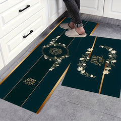 Dark Green Vintage Area Rug Magnolia Pattern Carpet Non Slip Washable