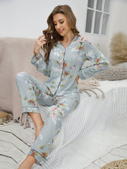 Floral Print Pajama Set Long Sleeve V Neck Top & Elastic Waistband Pants