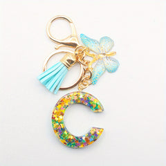 Resin Initial Letter Keychain with Butterfly Pendant and Tassel
