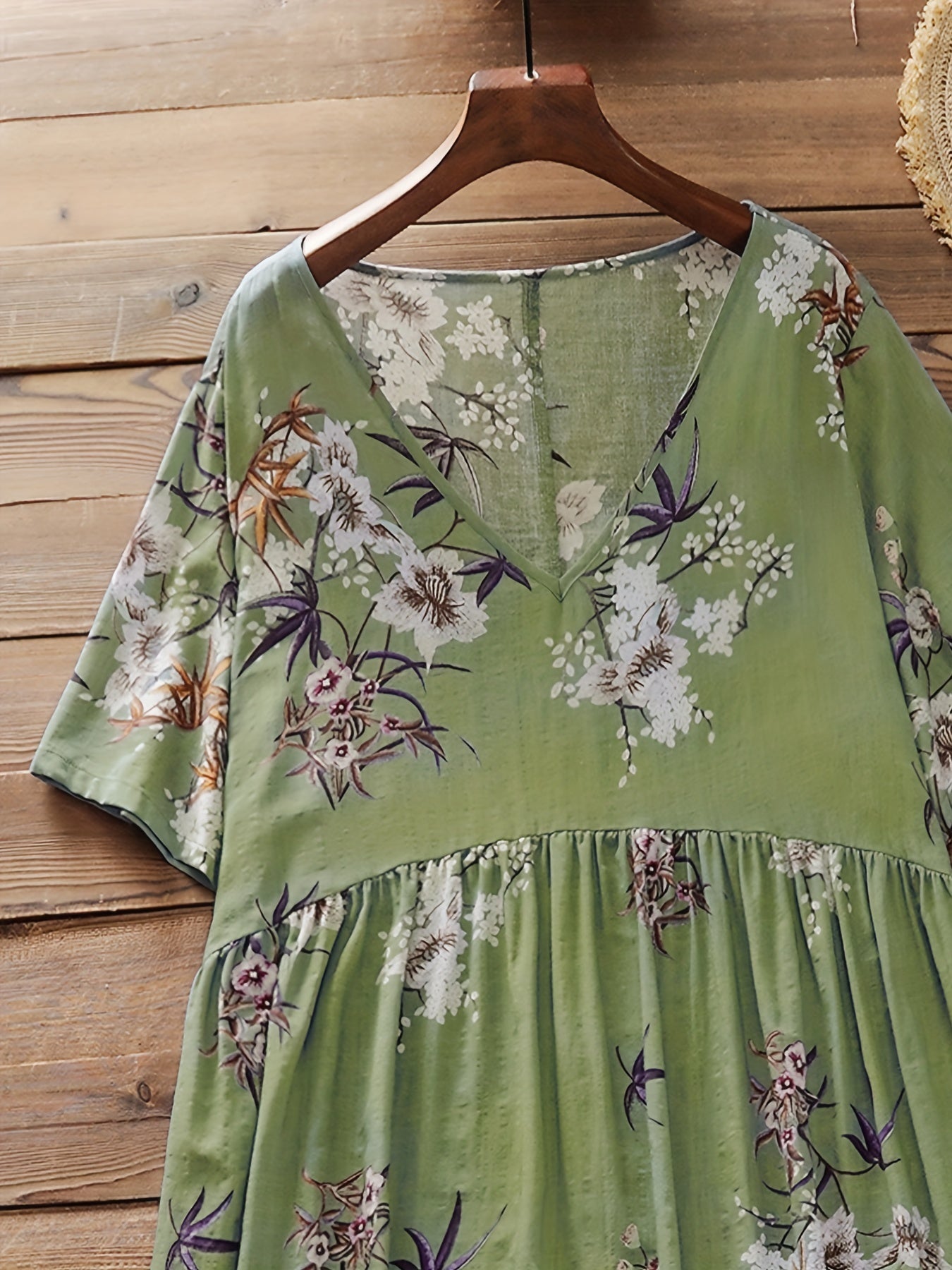 Floral Print Short Sleeve V Neck Loose Dress