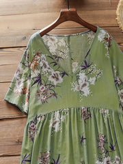 Floral Print Short Sleeve V Neck Loose Dress