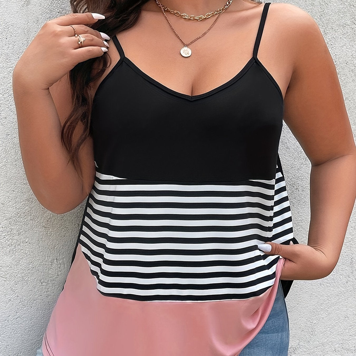 Colorblock Stripe Print V Neck Cami Top