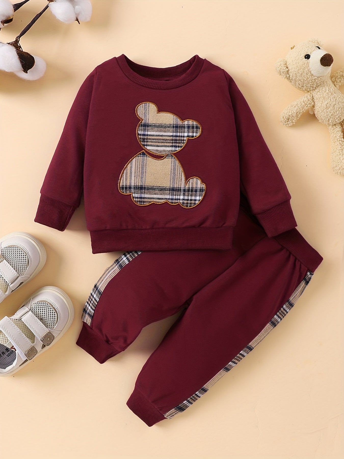 Baby Plaid Bear Embroidery Set Sweatshirt Tops Pants