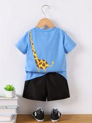 Toddler Boy's Cartoon Giraffe Pattern 2pcs T shirt & Cargo Shorts Set Outfits