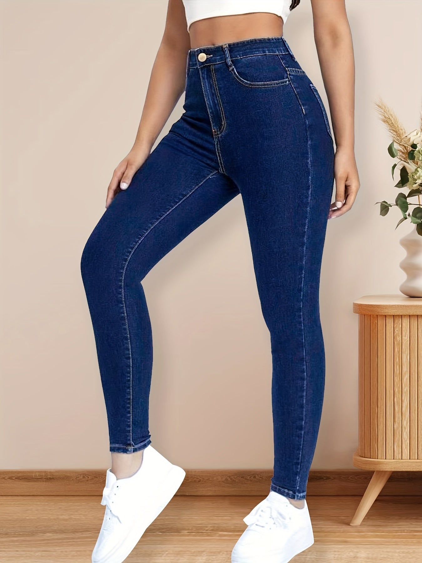High Rise Skinny Jeans Zipper Button Closure Dark Denim Women's Clothing
