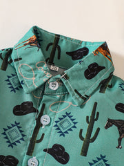 Boys Western Cowboy Farm Print Shirt Short Sleeve Tee Top