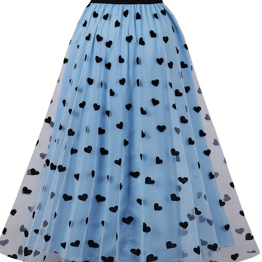 Layered Heart Mesh Elastic Waist A line Skirt