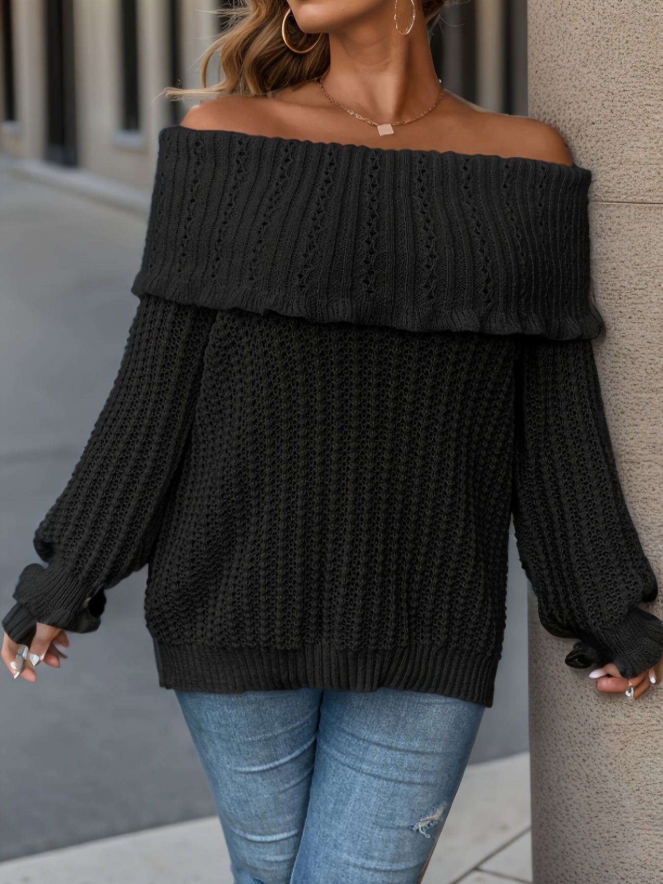 Casual Sweater Women's Solid Off Shoulder Layered Jum