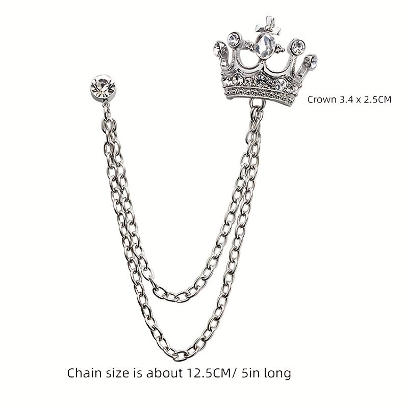 Men's Crown Brooch Rhinestone Tassel Chain Pin For Suit Shirt Backpacks Jackets