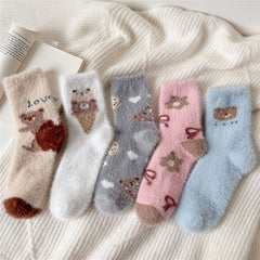 5 Pairs Bear Print Socks Warm Women's Stockings Hosiery