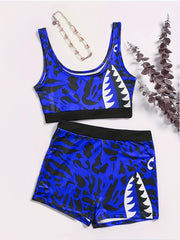 Shark Print Tank Crop Top & Shorts Set Women's Plus Sports Outfit