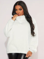 Solid Teddy High Neck Zipper Sweatshirt
