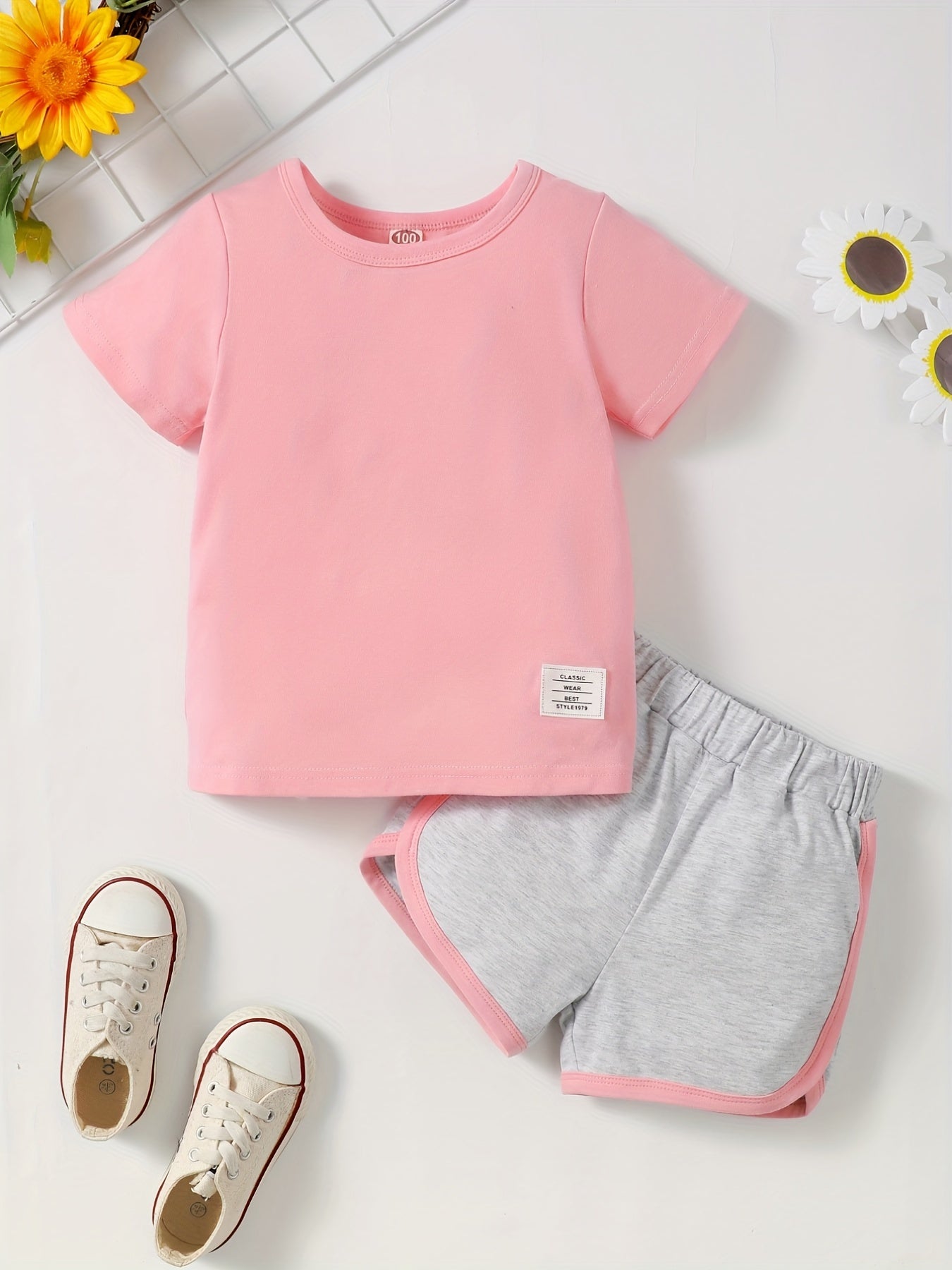 2pcs Toddler Girls Cotton T Shirts Top & Tie Dye Contrast Shorts Set
