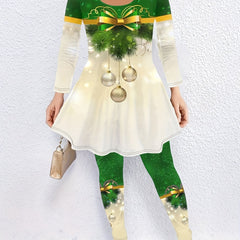 Christmas Ball Print Peplum Top & Leggings Outfit 2 Piece Set