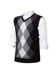 Men's V-Neck Argyle Casual Knitted Sweater Vest for Autumn Winter