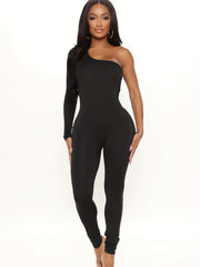One Shoulder Solid Jumpsuit Women's Clothing