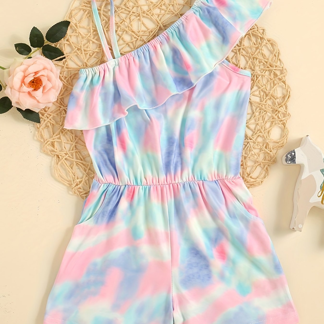 Girls Tie Dye Sleeveless Ruffle Trim Jumpsuit Kids Summer Outfit