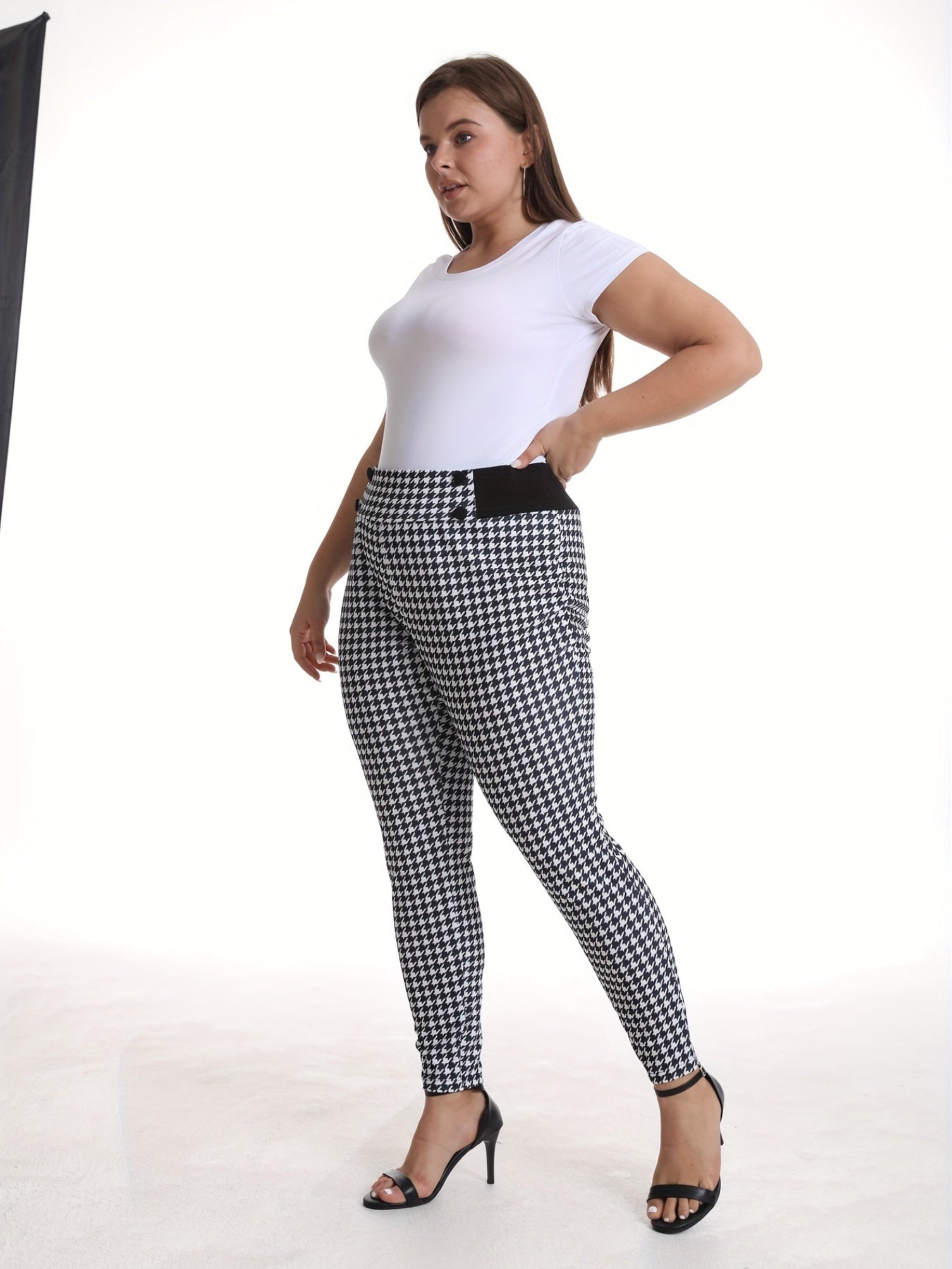 Houndstooth Pattern Double Breasted Skinny Pants - Plus Size