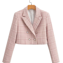 Gingham Crop Blazer V neck Long Sleeve
