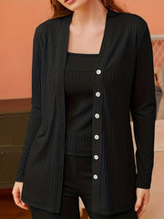 Ribbed Lounge Set Long Sleeve Button Top & Cami Top & Pants
