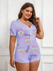 Donut & Letter Print Pajama Romper Short Sleeve V Neck Loungewear